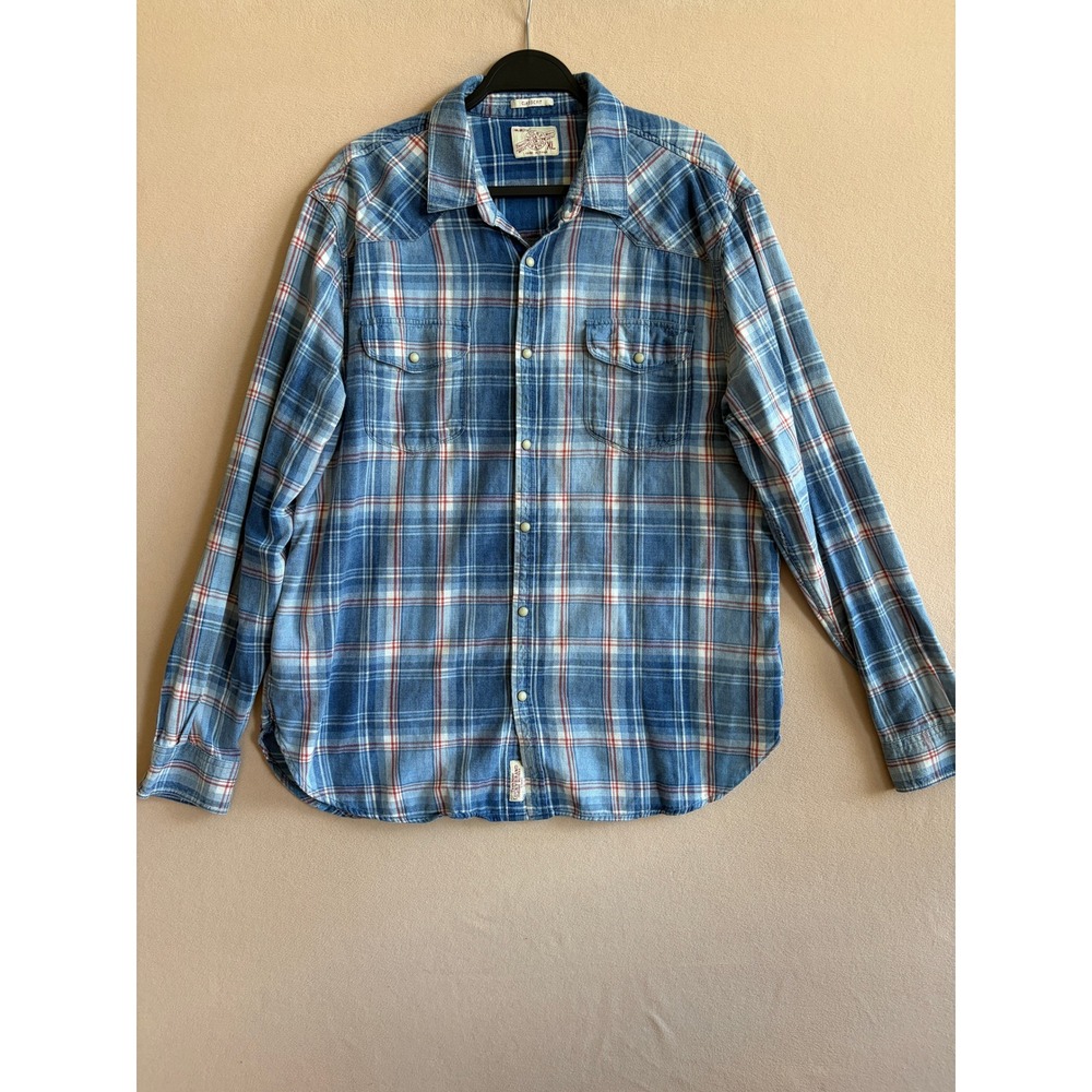 Lucky Brand Mens XL Classic Fit Blue Red Plaid Pearl Snap Western Shirt Cotton